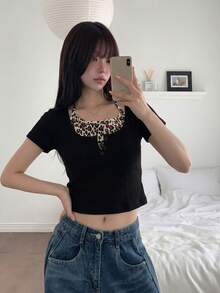 2-In-1 Low Neck Button Leopard Print Halter Tie Women's Summer Short Sexy Fitted Short Sleeve T-Shirt Top Black - Black - View 2