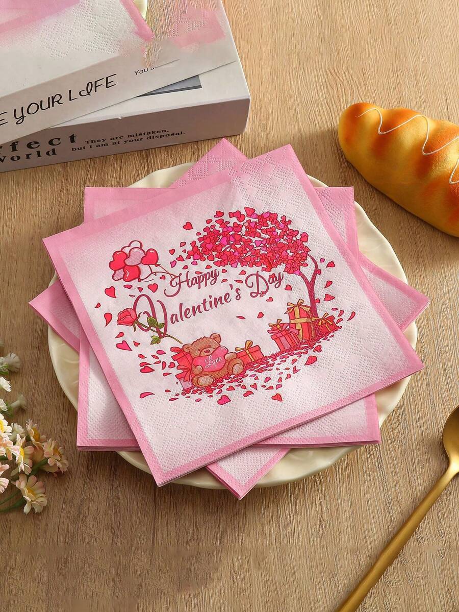 20pcs Valentine's Day Bear Heart Tree Printed Napkins, Colorful Romantic Party Holiday Table Decor - Printed - View 1
