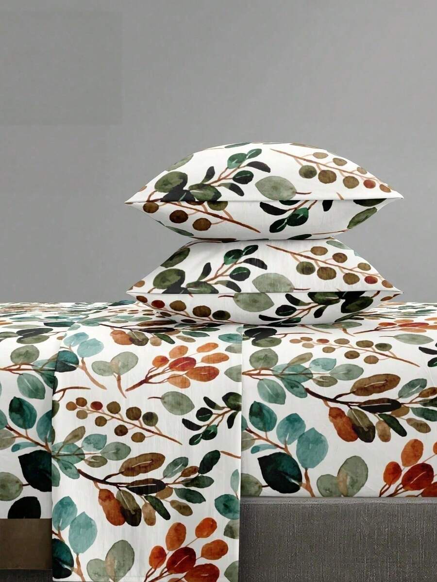 4-Piece Plant Leaf & Floral Pattern Bedding Set, Easy-Care Soft Bed Sheet Set, Floral Pattern Fitted Sheet Set (1 Flat Sheet + 1 Fitted Sheet + 2 Pillowcases), Garden Floral Fitted Sheet Set, Multiple Sizes Available, Deep Pocket Design, Pillowcases Up To 11.8 Inches, Soft & Breathable - Multicolor - View 1