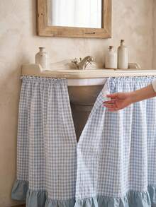1/2pcs Light Blue And White Plaid Washbasin Skirt, Fresh Pastoral Style Fabric Material, Rectangular Top Pleated And Bottom Light Blue Ruffle Hem Splicing Detail, Conceal Washbasin Pipes And Decorative Beautification Function, Suitable For Bathroom Daily Arrangement And Fresh Home Decor Scenes - Blue - View 4