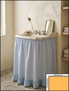 1/2pcs Light Blue And White Plaid Washbasin Skirt, Fresh Pastoral Style Fabric Material, Rectangular Top Pleated And Bottom Light Blue Ruffle Hem Splicing Detail, Conceal Washbasin Pipes And Decorative Beautification Function, Suitable For Bathroom Daily Arrangement And Fresh Home Decor Scenes - Blue - View 11