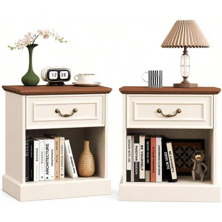 Nightstand Set Of 2 With Drawer And Open Shelf, Wooden Bed Side Table For Bedroom, Modern End Table Side Table For Living Room, Small Night Stand Set 2 Furniture For Small Spaces (Beige) - Beige - View 1