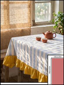 1pc Blue & White Large Plaid With Bright Yellow Ruffle Edge Tablecloth, Lively Pastoral Style Fabric Material, Rectangular Yellow Ruffle Edge Patchwork Detail Decoration, Functional Home Long Tablecloth Suitable For Family Gatherings And Vibrant Home Decor Scenes - Blue - View 16