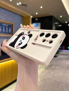 1pc Fashion Pure Android TPU Material Greeting Panda Element Pattern Lens Protection Thick Anti-Drop Anti-Fingerprint Beige Diamond Sand Phone Case Compatible With Samsung/Transsion/HONOR/ - Beige - View 3
