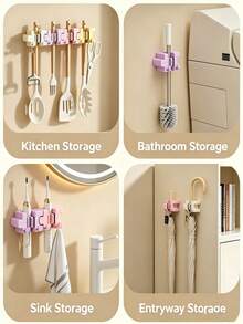 1pc Punch‑Free Mop Holder Wall Mount, Multifunctional Broom Organizer Rack For Bathroom Kitchen Home Storage,Bathroom Storage,Kitchen Accessories,Autumn Home Decor - Multicolor - View 3