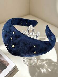 1PC Velvet Starry Sky Wide Edge Headband , Women's Charm Hair Clip, Anti Slip High Headpiece, Festival Essential Hair Accessory - Navy Blue - View 4