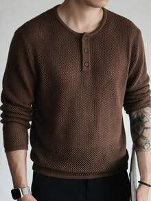 Men's Hollow Out Loose Drop Shoulder Henley Collar Long Sleeve Polo Shirt - Brown - View 2