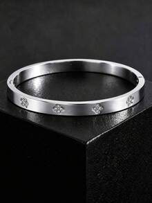 1 chiếc vòng tay tối giản cỏ bốn lá may mắn đính CZ, thép không gỉ màu bạc, trang sức đeo hàng ngày unisex, phong cách quà tặng phổ biến - Bạc - Xem 5
