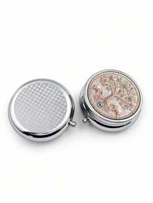 1pc Elephant & Blue Eye Tree Of Life Pattern Round Metal Pill Box, 3-Compartment Portable Storage Box, Pill Vitamin Small Accessory Organizer, Pocket Size, Home Outdoor Travel Carry, Durable, Compact Elegant Creative Gift - Multicolor - View 8