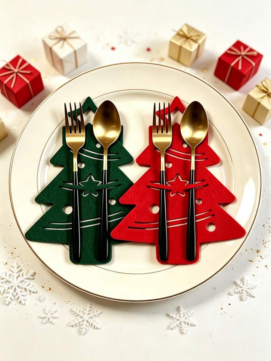 24pcs Set/Christmas Tree Cutlery Holder, Felt Christmas Tree Fork Pouch, With Hollow-Out Five-Pointed Star Embellishments, Holiday Party Table Decoration Supplies Set, Suitable For Home Dining Table Decor - Christmas Tree Placemat - View 1