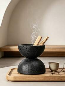 1pc Wabi‑Sabi Double‑Tier Hemisphere Incense Burner, Textured Smudge Bowl, Aroma Holder For Meditation Tabletop Home Room Decor - Stone Ball - View 2