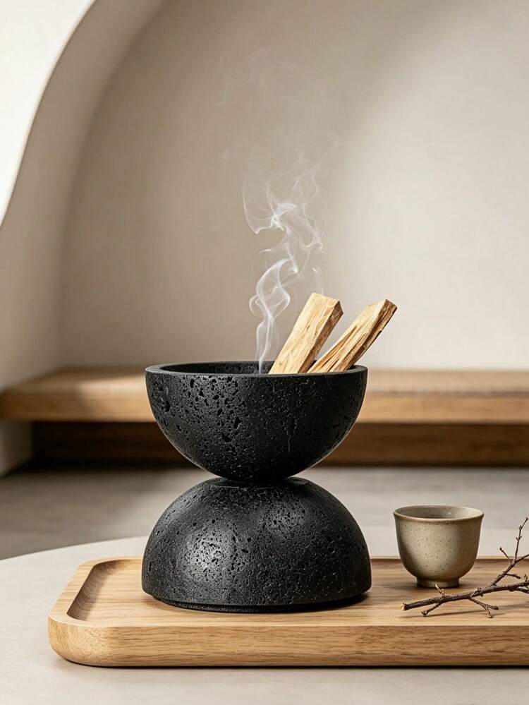 1件 Wabi-Sabi 雙層半球形香爐，紋理煙燻碗，冥想用香氛托盤，桌面居家房間裝飾 - 石球 - 查看 2