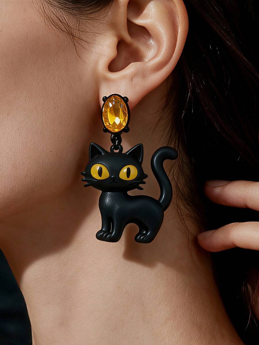 1 Pair Women's Fashion Dangle Earrings, Matte Black Cat Pendant Earrings, Gothic Dark Style Jewelry, Suitable For Halloween Costume Party Wear - Black + Yellow - View 1