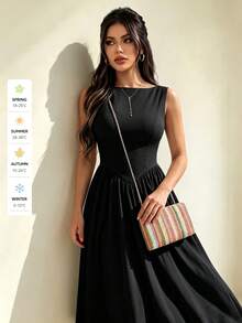 QIANZHIDU SUNSTORY Women's Autumn Black Boat Neck Sleeveless Cinched Waist A-Line Midi Dress, Suitable For Dates, Parties, Homecoming, Daily Wear - 黑色 - 查看 8