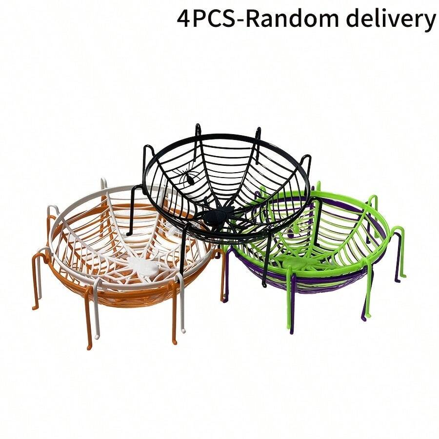 4pcs Halloween Round Storage Baskets Desktop Decorations Spider Web Style Storage Baskets For Halloween Parties, Evening Gatherings, Tabletop Ambiance, Random Colors - Multicolor - View 1