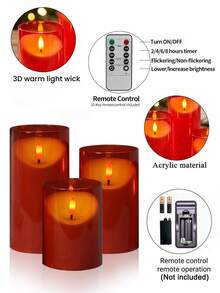 3pcs Red Flameless Candle Lights With Timer Remote Control, Battery Powered Red Warm Light, Suitable For Christmas, Halloween, Valentine's Day, Mother's Day, Dining Table, Wedding, Party, Gift, Holiday - Red-warm Light - View 7