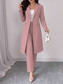 Women's Spring/Autumn Elegant Commute 2 Pieces Set, Long Waist-Cinching Vintage British Design Faux Pocket Button Detail Blazer Coat Paired With Simple Casual Straight-Leg Pants - Pink 25 - View 2