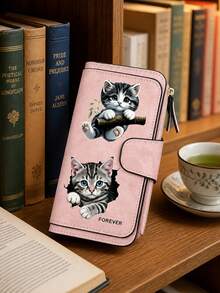 Gray Tabby Cat Design Retro Wallet, Two Fold Multi Zipper Separated Wallet, Coin Purse, Multiple Card Slots And Cash Compartments, Daily Commuting - Multicolor - View 7