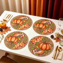1/4/6pcs Autumn Collection Wood Grain Bottom Football Heart Pumpkin Hand-Painted Pattern Placemats, Suitable For Home Kitchen, Made Of Polyester Fiber, Kitchen Table Decoration, And Party Scene Decoration - Multicolor - View 2