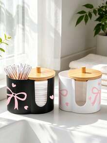 2 Grid Cotton Pad Swab Box,Cute Bow Print Makeup Organizer Box With Bamboo Lid,Desktop Cosmetic Container With Double Round Holes,For Bathroom Vanity - Multicolor - View 4