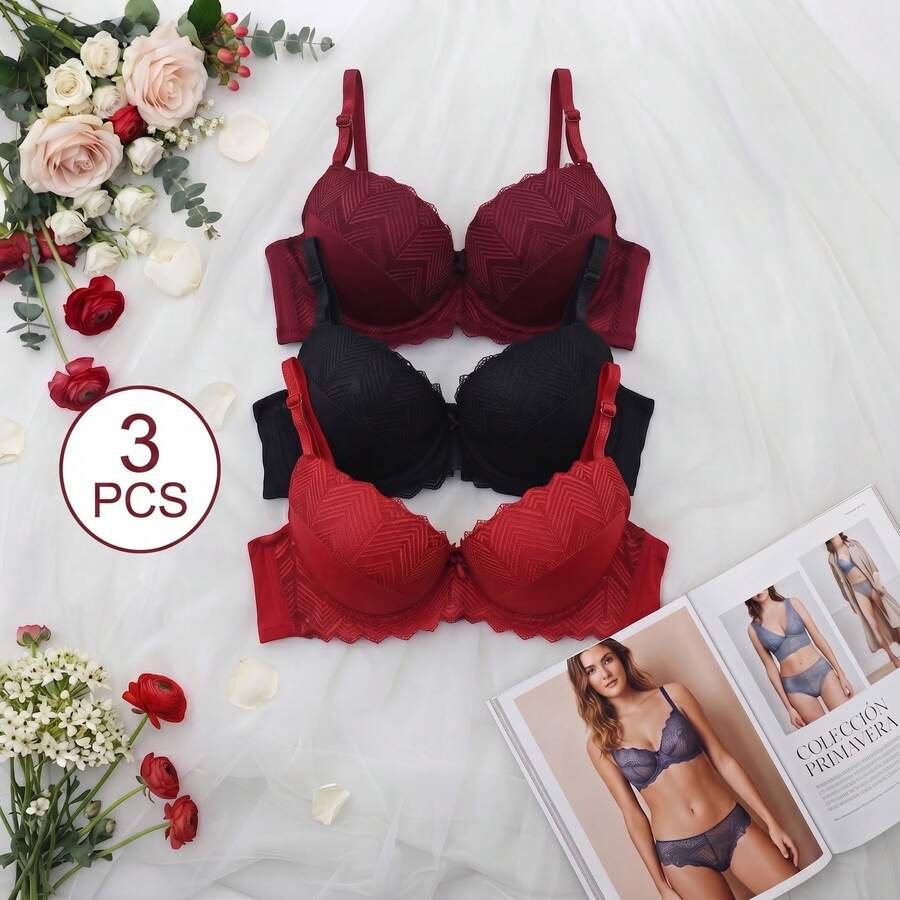 3 SUJETADORES Para Mujer EN COPA B Y C CON VARILLA Diseño: Zigzag a media copa -ideal para regalar o consentirte a ti misma - Rojo - Ver 1