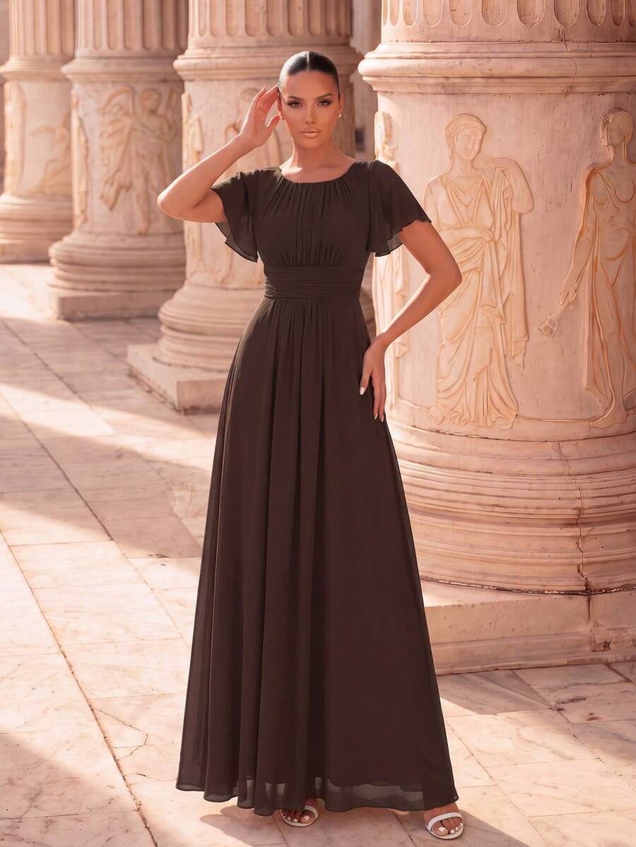 Elegant Chiffon Long Bridesmaid Dress, Round Neck, Ruffle Short Sleeves, Ruffle Hem, Multi-Layer Waist Design - Chocolate Brown - View 1