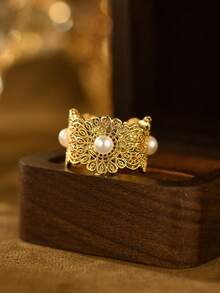 1pc Minimalist Elegant Vintage Pattern Filigree Mesh Faux Pearl Fashion Ring For Women, Wedding, Banquet, Traditional Festival Accessory - Yellow Gold - View 13