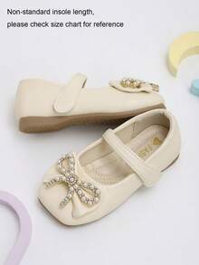 1 Pair Girls' Beige Pearl Rhinestone Bow Knot Hook And Loop Mary Jane Shoes, Suitable For Shopping, Outings And School Wear - Beige - View 2