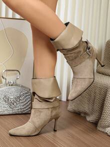 NANBEI ZUO Removable Ankle Strap Buckle Decoration Women's Sleeve Pleated Boots Pointed, Slim High Heels, Single Lining, Mid Top Boots, Versatile For Daily Use - Khaki - View 4