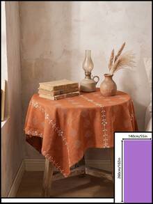 1pc Orange-Red Background White Flower Geometric Embroidered Tablecloth, Vintage Pastoral Style Fabric Material, Round Floral Vine Embroidery Detail Decoration, Home Use Round Tablecloth Suitable For Daily Home And Vintage Dining Table Arrangement - Orange - View 15