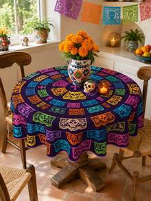 1 pieza Mantel redondo del Día de Muertos, mantel de poliéster con estampado de tiras de papel de calaveras coloridas, estilo mexicano para mesa de comedor, cocina, fiesta del Día de Muertos, celebración festiva y decoración del hogar - Multicolor - Ver 4
