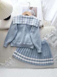 bearleader Autumn/Winter Girls Knit Set, Plaid Large Lapel Front Button Sweater With Pockets, Grey Skirt, British Academy Style - Blue - View 2
