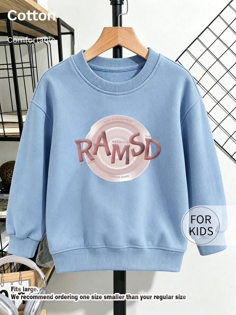 Kids Round Neck Sweatshirt, Ramsd Circular Pattern Print Pure Cotton Pullover, Soft Casual Long Sleeve Top - Blue - View 1