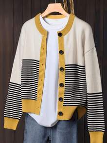 Cardigan Rajut Patchwork Bergaris Blok Warna, Jaket Sweater Lengan Panjang Kancing Tunggal Leher Bulat dengan Trim Kontras - Hitam, putih, dan kuning - View 1