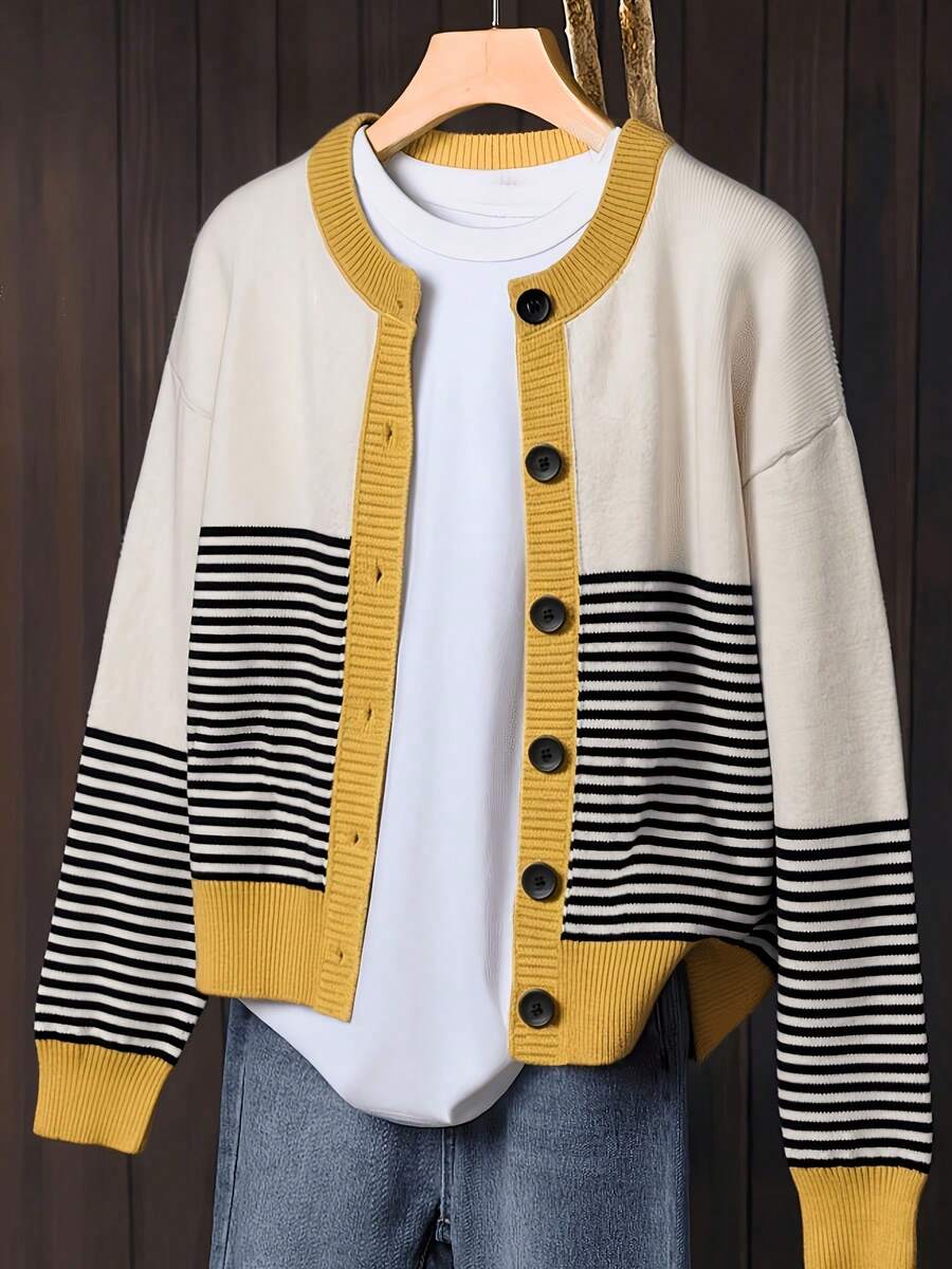 Cardigan Rajut Patchwork Bergaris Blok Warna, Jaket Sweater Lengan Panjang Kancing Tunggal Leher Bulat dengan Trim Kontras - Hitam, putih, dan kuning - View 1
