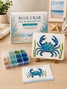 1pc Ocean Theme Sea Glass Mosaic DIY Art Kit, Animal Patterns Available Including Blue Crab, Octopus, Starfish And Jellyfish, Handmade Decorative Craft Project, Suitable For Room Decor, Desktop Ornament, Shelf Display, Coastal Home Decor And Gift Giving - Ocean DIY Art Kit - View 1
