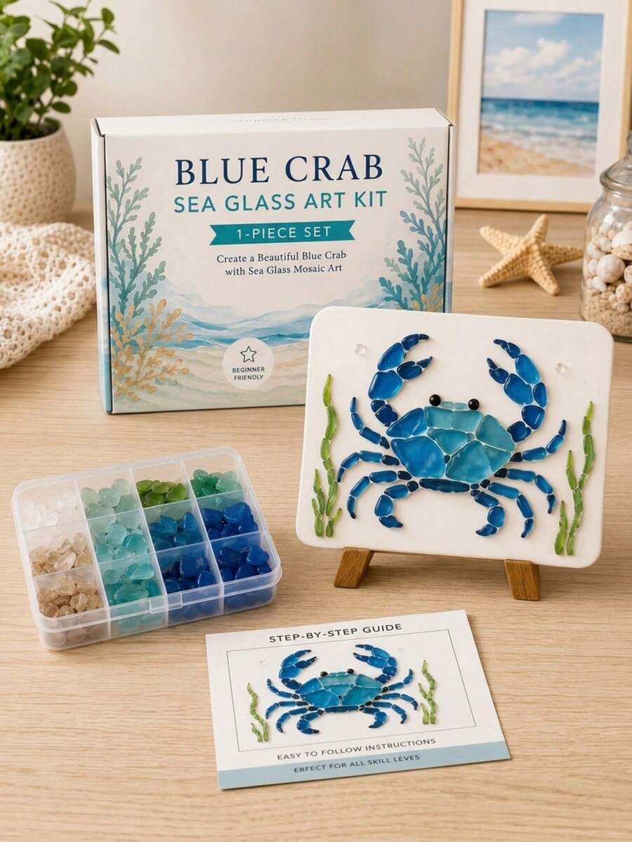 1pc Ocean Theme Sea Glass Mosaic DIY Art Kit, Animal Patterns Available Including Blue Crab, Octopus, Starfish And Jellyfish, Handmade Decorative Craft Project, Suitable For Room Decor, Desktop Ornament, Shelf Display, Coastal Home Decor And Gift Giving - Ocean DIY Art Kit - View 1