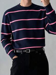 Men's Mercerized Striped Loose Drop Shoulder Crew Neck Long Sleeve Sweater - Navy Blue - View 5