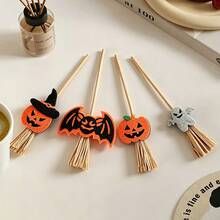 Halloween Christmas Mini Witch Broom Decor, Pumpkin Bat Ghost Miniature Broom, Suitable For Dollhouse Desktop Stationery DIY Scene Handmade Ornament - Halloween - View 3
