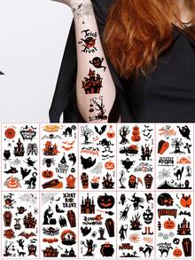 10 Lembar, Stiker Tato Pola Kartun Halloween, Tato Sementara Pola , Hantu, Kelelawar, Zombie, Kucing yang Lucu, Stiker Tato Palsu Tahan Air untuk Riasan Pesta Halloween - MultiWarna - View 1