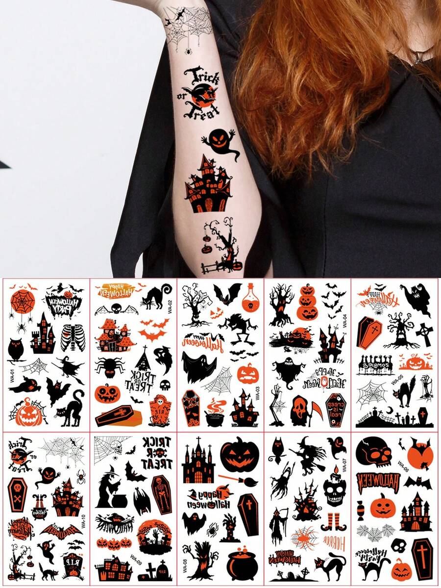 10 Lembar, Stiker Tato Pola Kartun Halloween, Tato Sementara Pola , Hantu, Kelelawar, Zombie, Kucing yang Lucu, Stiker Tato Palsu Tahan Air untuk Riasan Pesta Halloween - MultiWarna - View 1