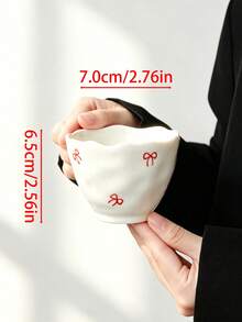 1/2pcs Red Bow Ceramic Tea Cups, Wavy Ruched Texture Coffee Mugs, Cute Girl Style Handheld Cups, Small Ceramic Tea Cups For Home, Gift For Friends - Multicolor - View 2