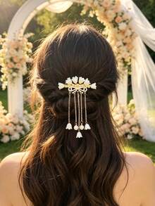 1pc Vintage Lily Of The Valley Pearl Tassel Spring Hair Clip, Hanfu Hair Accessory Side Clip, Gentle Fairy-Like Floral Rhinestone Headpiece - Multicolor - View 1