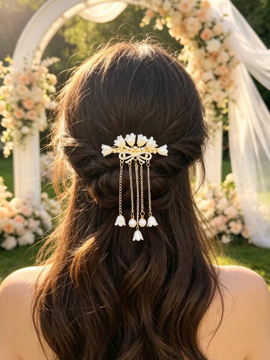 1pc Vintage Lily Of The Valley Pearl Tassel Spring Hair Clip, Hanfu Hair Accessory Side Clip, Gentle Fairy-Like Floral Rhinestone Headpiece - Multicolor - View 1