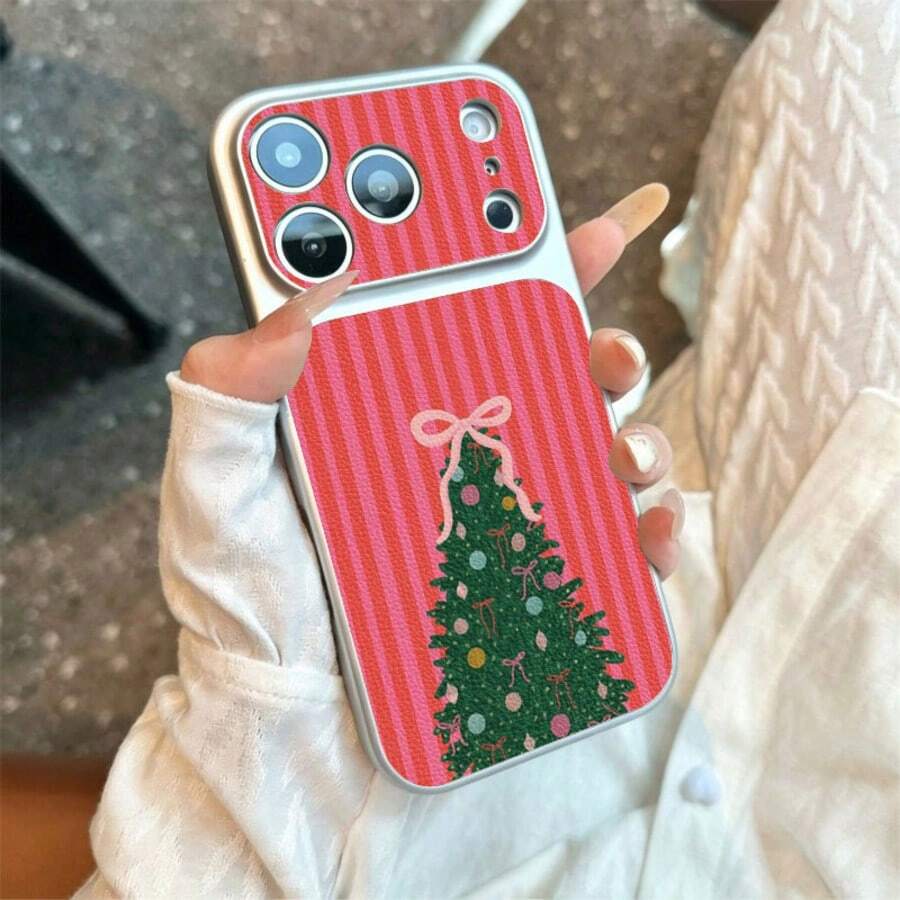 1pc TPU Pink Striped Christmas Tree Pattern Phone Case Suitable For Apple 17promax/17/16promax/15/13/12/11 Large Window Skin Full Coverage Anti-Fall Soft Shell Phone Protective Cover - Silver - View 1