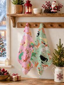 2 buah Handuk Dapur Motif Ilustrasi Pohon Natal Kartun Hewan Warna Pink & Hijau, Kain Lap Piring Poliester Lembut, Cocok untuk Dekorasi Dapur, Pembersihan Dapur, Dekorasi Pesta Liburan, Perlengkapan Dapur & Kamar Mandi, Kebutuhan Rumah Tangga, Dekorasi Rumah, Hadiah Pesta Peresmian Rumah - MultiWarna - View 6