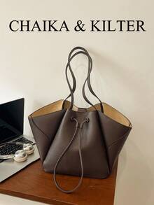 CHAIKA & KILTER 2pcs Solid Color PU Fabric Shoulder Bag Women's Casual Large Capacity Tote Bag BOOK Bag Double Handle Design Magnetic Closure Suitable For Travel, Shopping, Dating, Women's Gift, Suitable For Teenage Girls, College Students, Beginners And White-Collar Workers, Perfect For Office, Campus, Work, Business, Commute, Outdoor, Travel, Outing - Coffee - View 6