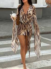 Slim Fit Halter Neck Backless Zebra Print Knit Mini Dress, Long Sleeve Sexy Short Holiday Outfit - Khaki - View 3