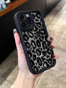 1 Pack Chic Grey Leopard Print TPU Case, Black Frame Velvet Pattern, Daily Use, Gift For Friends, Mom, Besties, Apple11, 13, Apple16 Pro Max, Apple17, 14 Pro Max, Apple15, 14, 17 Pro Max, 18 Pro Max, S26u, A57, A37, A16, A17, A56 5G Phone Case, Phone Case, Honor400 Etc. - Black - View 1