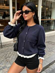 Plus Size Women Casual Cardigan With Bow Button, Color Block Patchwork, Pocket Design, Autumn/Winter - Royal Blue - View 1